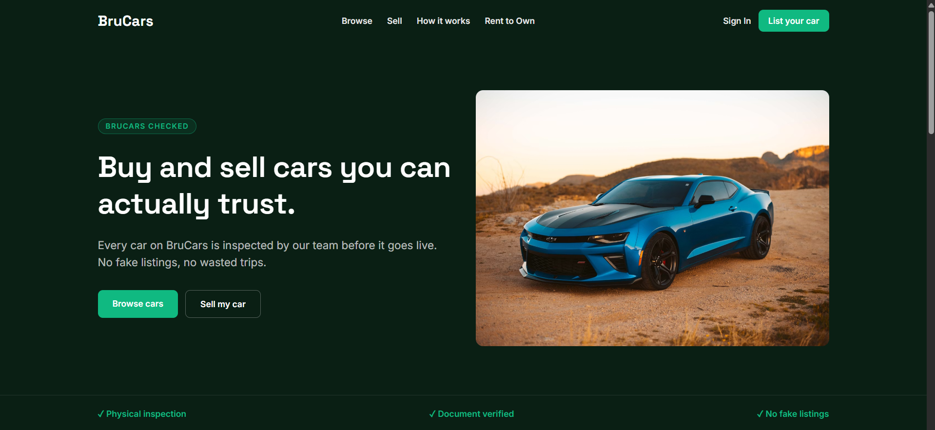 BruCars marketplace with vehicle listings and search filters