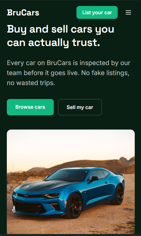 BruCars homepage arranged vertically on a mobile screen